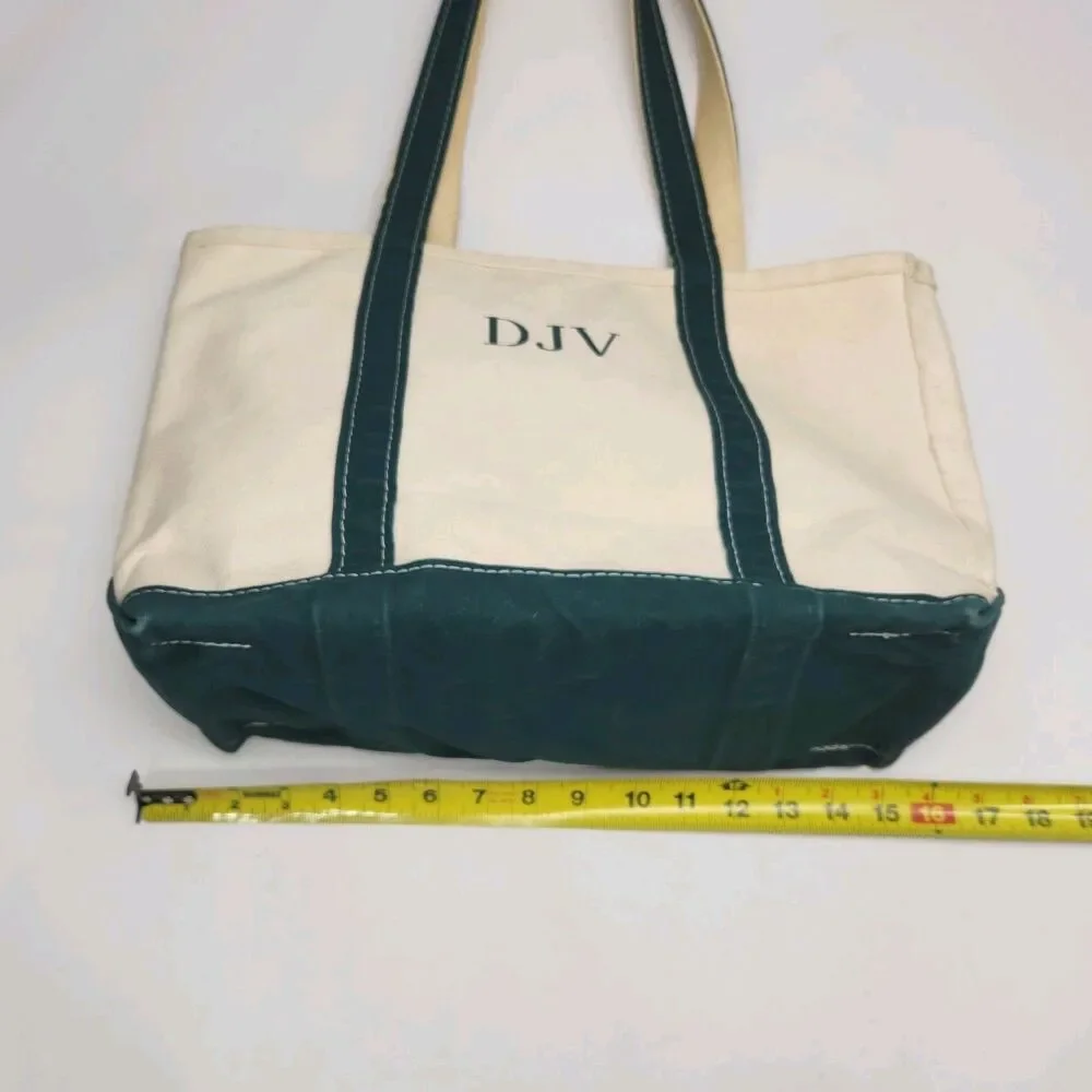 LL Bean Boat And Tote Bag Canvas Green Monogram DJV Open Top Shoulder Vintage